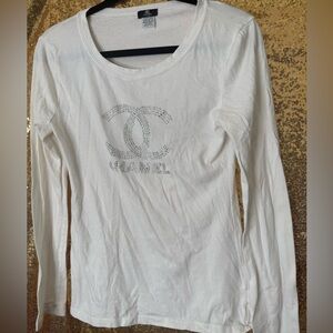 CHANEL White Long Sleeve Logo Tee with Crystal CC